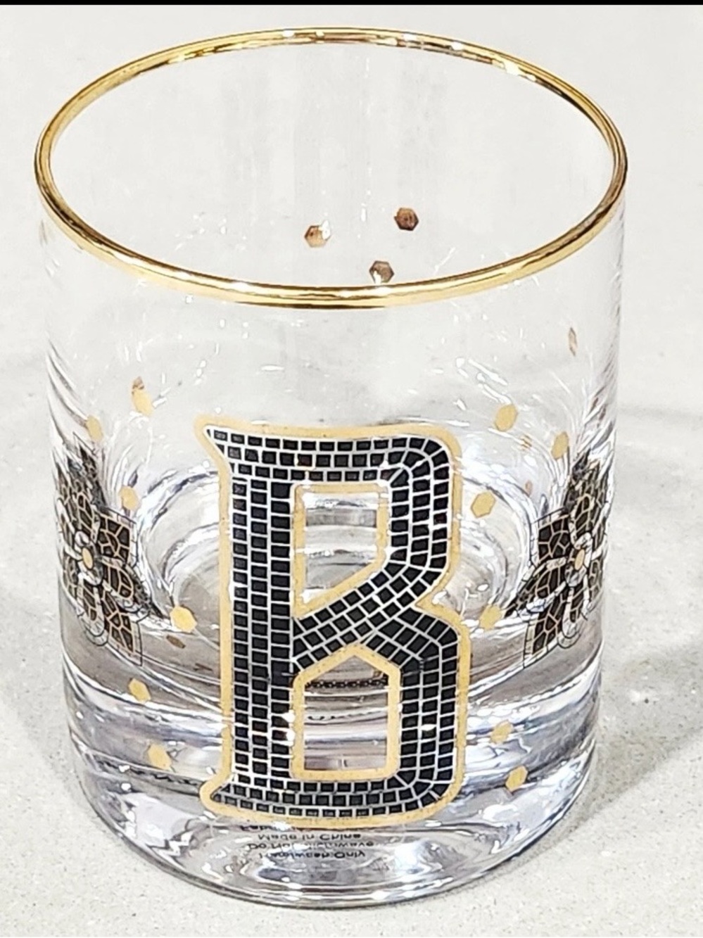 Anthropologie Bistro Tile Monogram Old Fashioned Glass, Letter "B" with Gold rim
